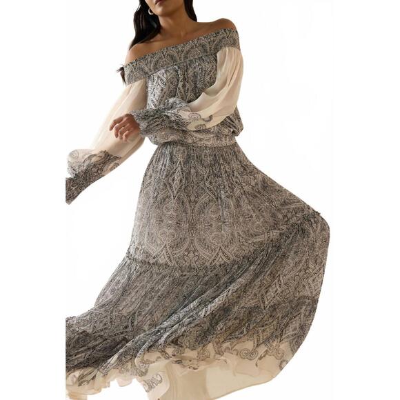 NEW HEMANT & NANDITA chavi smocked detail maxi dress in eggshell white